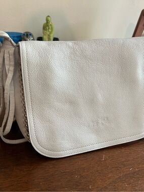 Y2K COACH Women's White Leather Crossbody Bag with Fringe Detail
